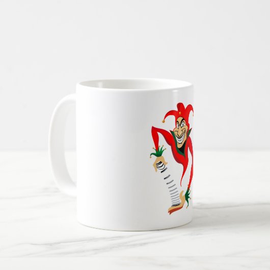 Evil Grinning Jester Joker mit Jack-in-the-Box Kaffeetasse (Vorderseite Links)