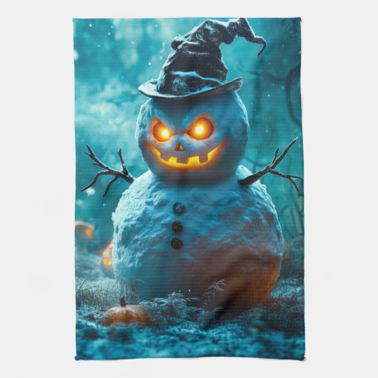 Evil Halloween Snowman mit leuchtenden Augen Geschirrtuch (Vertikal)