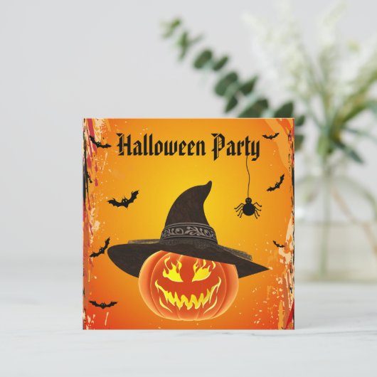 Evil Pumpkin in Hexenhut Halloween Einladung (Stehend Vorderseite)