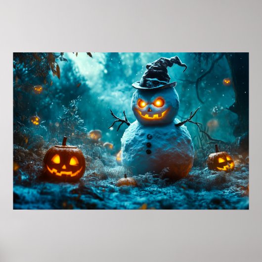 Evil Snowman mit glühenden Pumpkins im Dunkelwald Poster (Vorne)