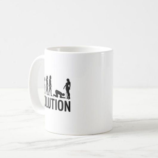 Evolution des Menschen - Funny Man kniet vor einem Kaffeetasse (Vorderseite Links)