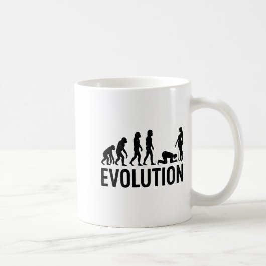 Evolution des Menschen - Funny Man kniet vor einem Kaffeetasse (Rechts)