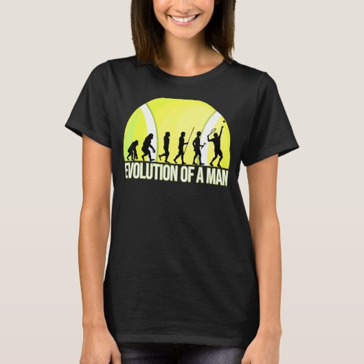 Evolution eines Mannes mit Tennisball und Tennispl T-Shirt (Vorderseite)