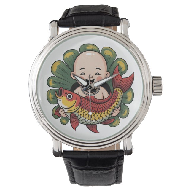 eWatch Armbanduhr | Niedlicher Junge mit Lucky Koi (Vorderseite)