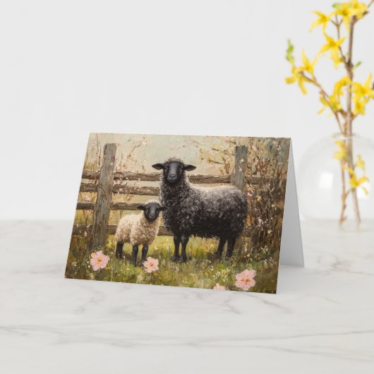 Ewe and Lamb Spring Sheep Art Karte (Gelbe Blume)