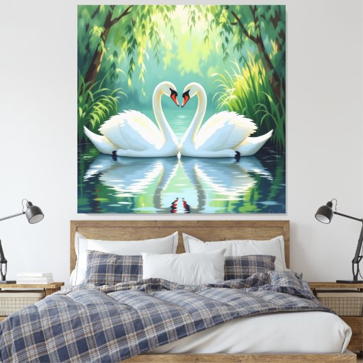 Ewige Liebe –Zwei verliebte Schwäne im Abendlicht Leinwanddruck (Insitu (Schlafzimmer))