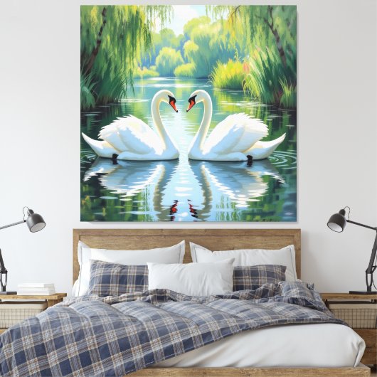 Ewige Liebe –Zwei verliebte Schwäne im Abendlicht Leinwanddruck (Insitu (Schlafzimmer))