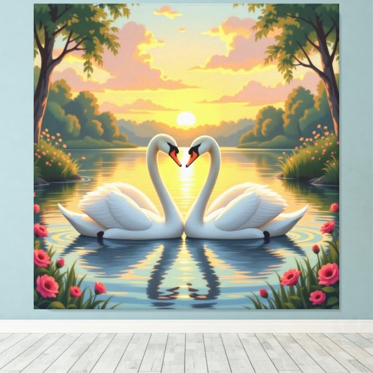 Ewige Liebe –Zwei verliebte Schwäne im Abendlicht Leinwanddruck (Insitu (Holzboden))