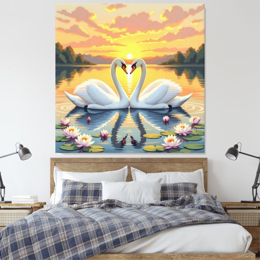 Ewige Liebe –Zwei verliebte Schwäne im Abendlicht Leinwanddruck (Insitu (Schlafzimmer))