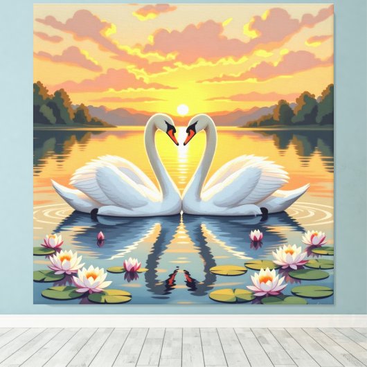 Ewige Liebe –Zwei verliebte Schwäne im Abendlicht Leinwanddruck (Insitu (Holzboden))