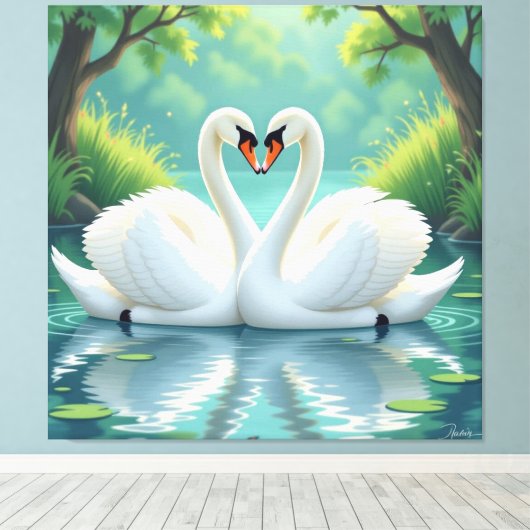 Ewige Liebe –Zwei verliebte Schwäne im Abendlicht Leinwanddruck (Insitu (Holzboden))
