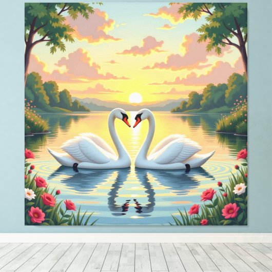 Ewige Liebe –Zwei verliebte Schwäne im Abendlicht Leinwanddruck (Insitu (Holzboden))