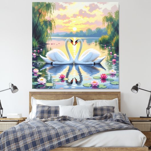 Ewige Liebe –Zwei verliebte Schwäne im Abendlicht Leinwanddruck (Insitu (Schlafzimmer))