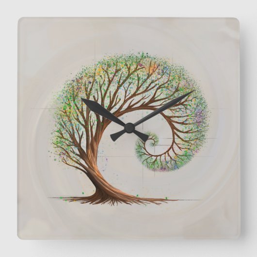 Ewiges Wachstum - Spiralbaum mit goldenem Verhältn Quadratische Wanduhr (Vorderseite)