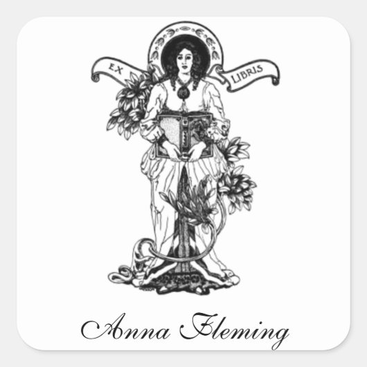 Ex Libris Frau mit Buch Quadratischer Aufkleber (Vorderseite)