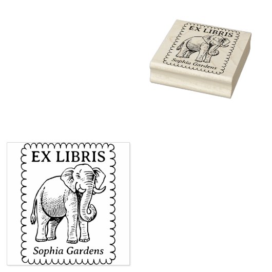 Ex Libris - Indischer Elefant - Scallope Edge Gummistempel (Stempel)