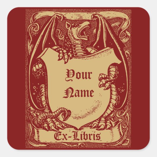 Ex Libris mittelalterlicher Drache mit Schildvorla Quadratischer Aufkleber (Vorderseite)