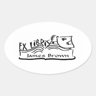 Ex Libris Owl mit Buchklebern Ovaler Aufkleber