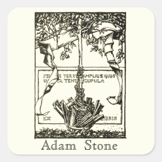 Ex Libris Tree mit Ribbon-Aufkleber Quadratischer Aufkleber (Vorderseite)