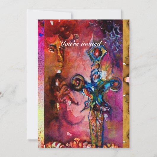 EXCALIBUR 1, hellrot, rosa lila Pergament Einladung (Vorderseite)