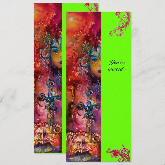 EXCALIBUR, hell rot, rosa grün Einladung (Vorne/Hinten)