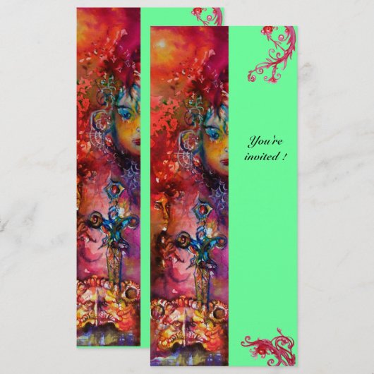 EXCALIBUR, hell rot, rosa grün Einladung (Vorne/Hinten)