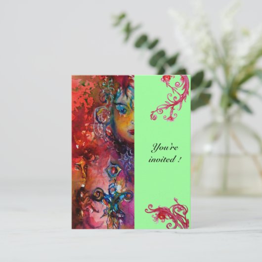 EXCALIBUR, hell rot, rosa grün Einladung (Stehend Vorderseite)