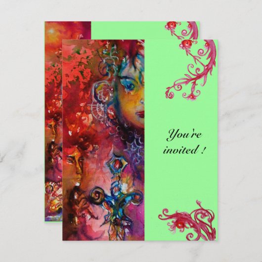 EXCALIBUR, hell rot, rosa grün Einladung (Vorne/Hinten)