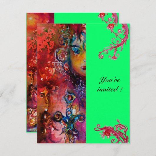 EXCALIBUR, hell rot, rosa grün Einladung (Vorne/Hinten)