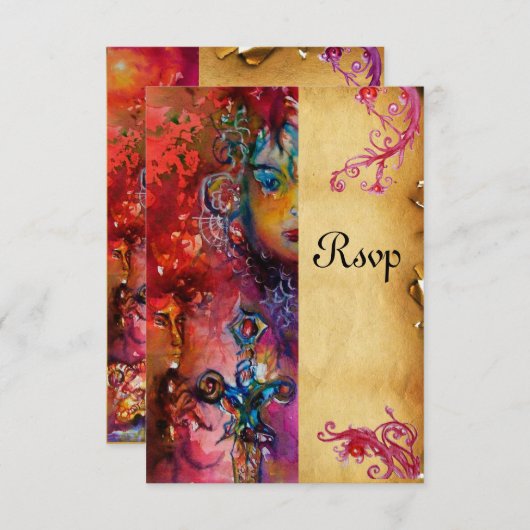 EXCALIBUR, hellrot, blaue Pergament-uAwg RSVP Karte (Vorne/Hinten)