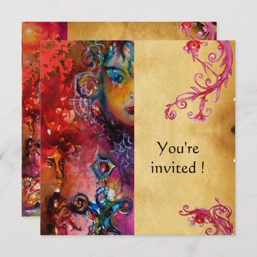 EXCALIBUR, hellrot, rosa lila Pergament Einladung (Vorne/Hinten)