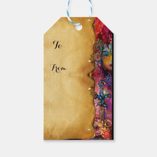 EXCALIBUR, Lila rotes Pergament Geschenkanhänger (Vorderseite)