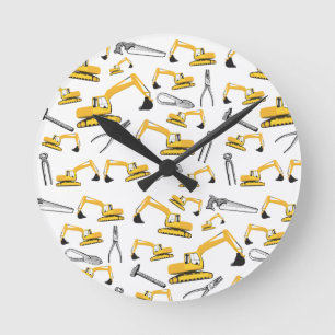 Excavator Construction Trucks and Tools Pattern Runde Wanduhr