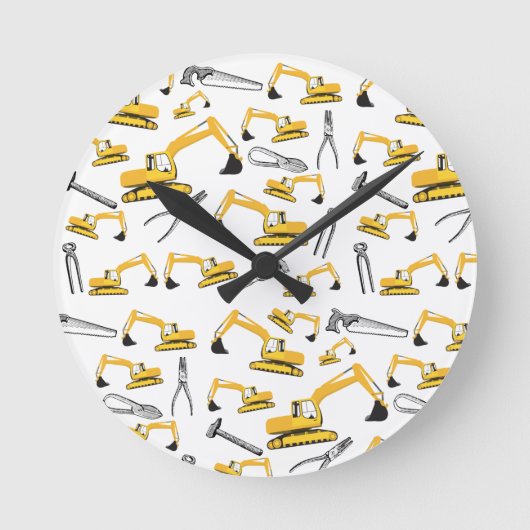 Excavator Construction Trucks and Tools Pattern Runde Wanduhr (Vorderseite)