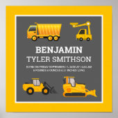 Excavator Dump Truck Construction Baby Birth Stats Poster (Vorne)