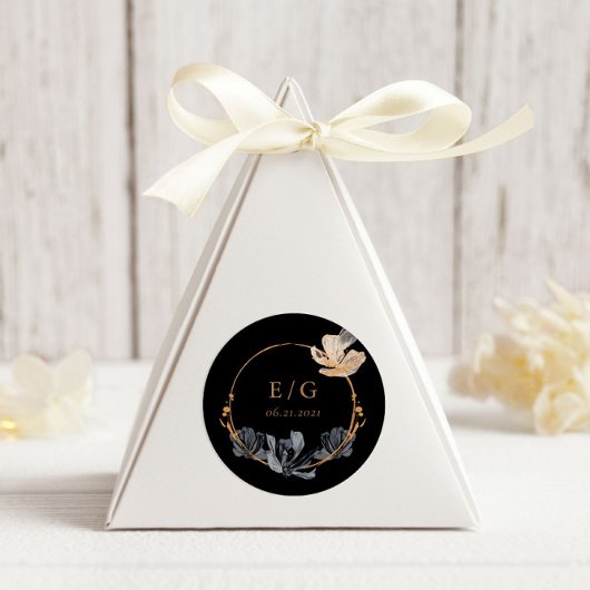Exclusive Black Gold Floral Monogram Wedding Runder Aufkleber