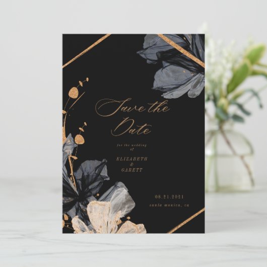 Exclusive Gold Black Floral Save the Date Card (Stehend Vorderseite)