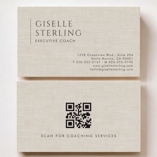 Executive Coach Luxus Neutraler Leinen QR Code Visitenkarte