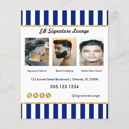 Executive Navy Blue Stripes, Gold & Barber Service Flyer (Vorne)
