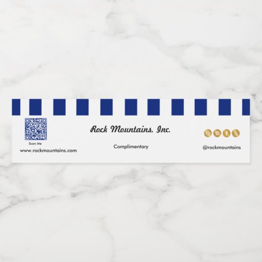 Executive Navy Blue Stripes & QR Code Office Wasserflaschenetikett (Einzelnes Label)