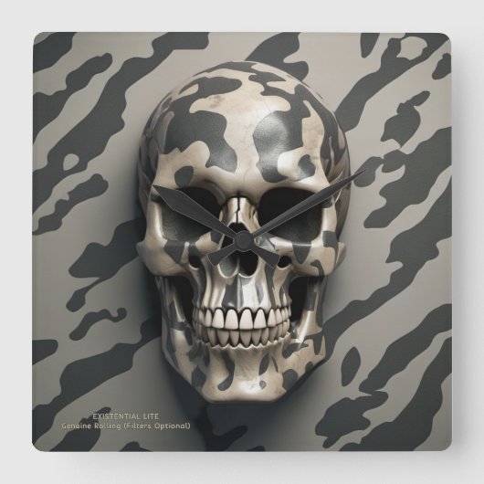 EXISTENTIAL LITE Memento Mori Camouflage Skull Quadratische Wanduhr (Vorderseite)