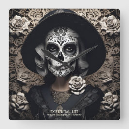 EXISTENZIELLES LETE Vintages Femme Skull Portrait  Quadratische Wanduhr