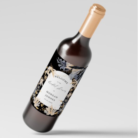 Exklusives Gold Black Floral Brautparty Weinetikett