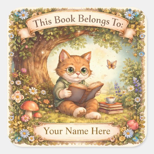 Exlibris - Katze liest ein Buch unter einem Baum Quadratischer Aufkleber (Vorderseite)