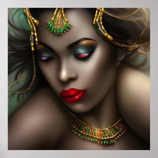 Exotic African Schöne Frau Rote Lippen Gold grün Poster (Vorne)