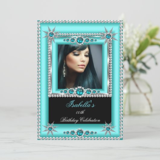 Exotic Aquamarin Blue Aqua Snowflake Foto Geburtst Einladung (Stehend Vorderseite)