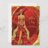 Exotic Atemberaubend Red Gold Dress Feather Birthd Einladung (Vorderseite)