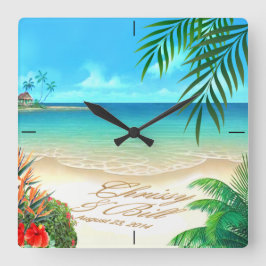 Exotic Beach FRAGTE mir, IHRE NAMEN IN SAND ZEICHN Quadratische Wanduhr
