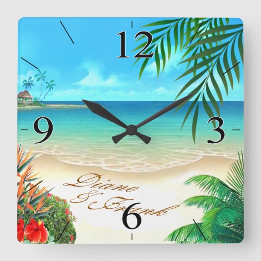 Exotic Beach FRAGTE mir, IHRE NAMEN IN SAND ZEICHN Quadratische Wanduhr (Vorderseite)