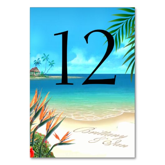 Exotic Beach Table Card FRAGE MICH 4 NAMEN IN SAND Tischnummer (Vorderseite)